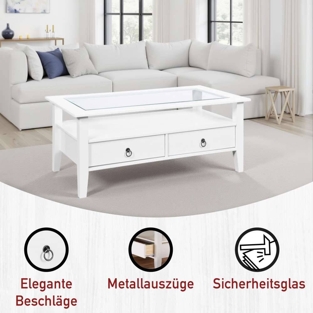 Weißer Landhaus Couchtisch mit Glas Einsatz - Rosanna