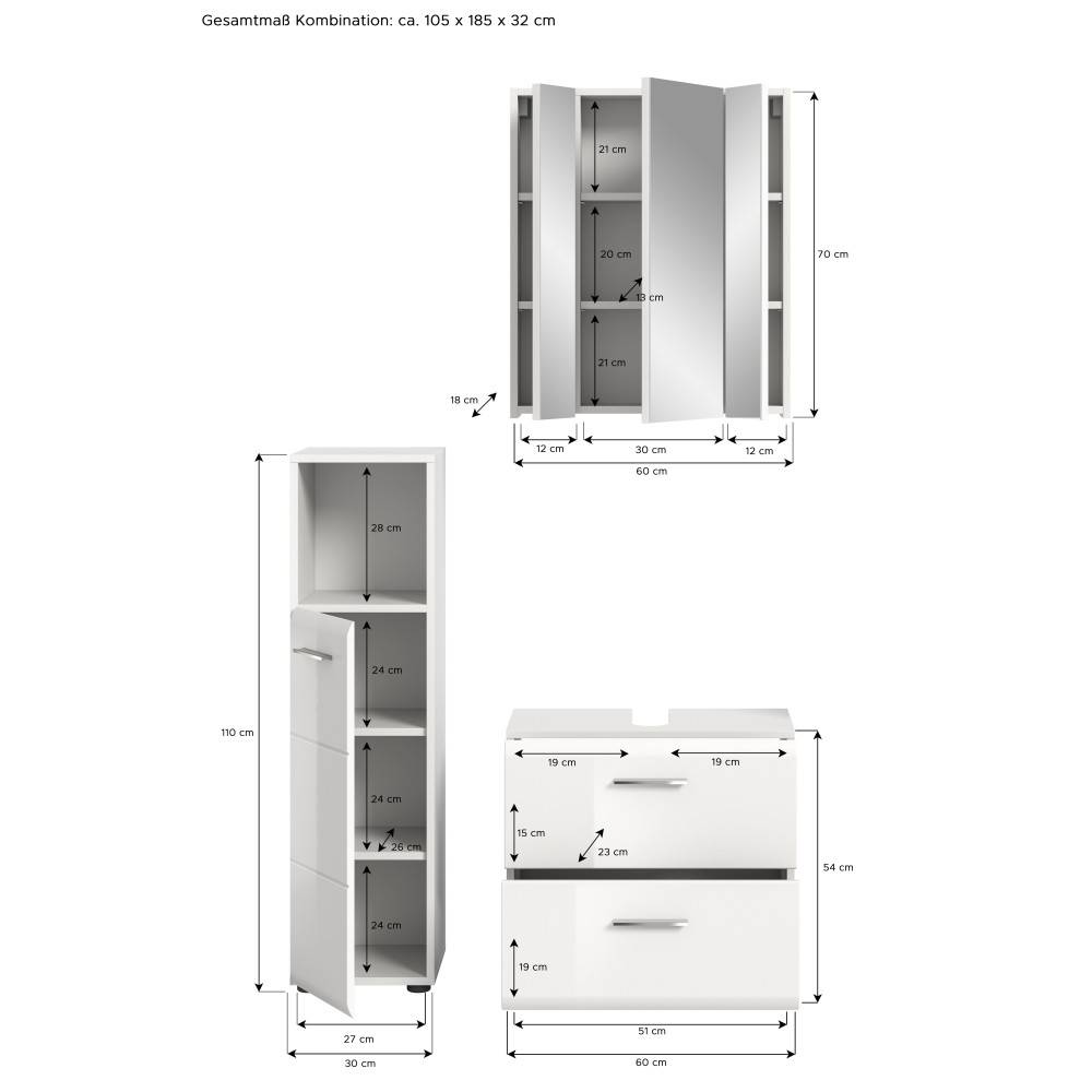 Badschrank Spiegel mit Waschtischunterschrank und Hochschrank Maße und Abmessungen – Clona