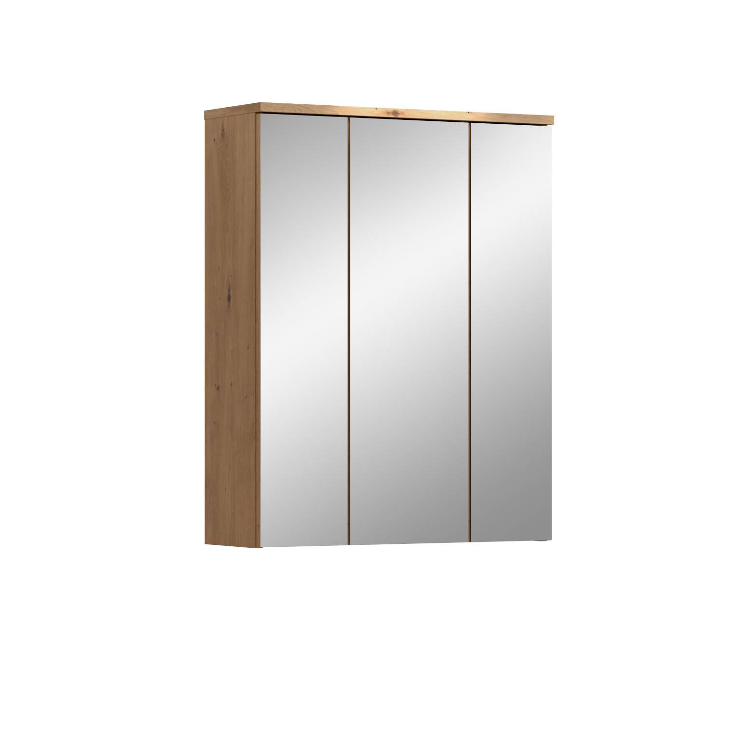 Badschrank mit drei Spiegelfronten und Korpus in Holzoptik, ideal als Hängeschrank – Luzanos