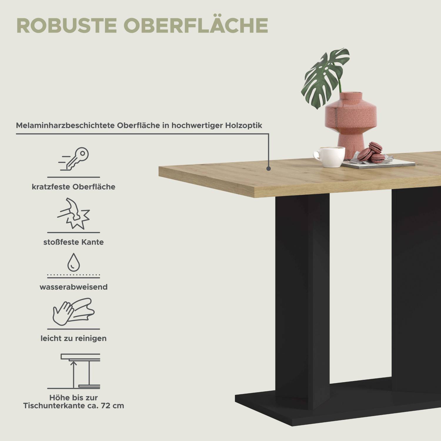 Robuste, kratzfeste und pflegeleichte Esszimmertisch Oberfläche in Holzoptik, Höhe 72 cm – Norjan