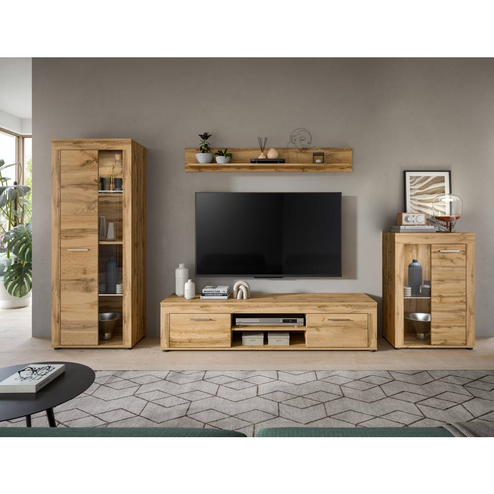 TV Wand Set mit Vitrinenschränken und TV-Lowboard in natürlicher Holzoptik – Ianovar