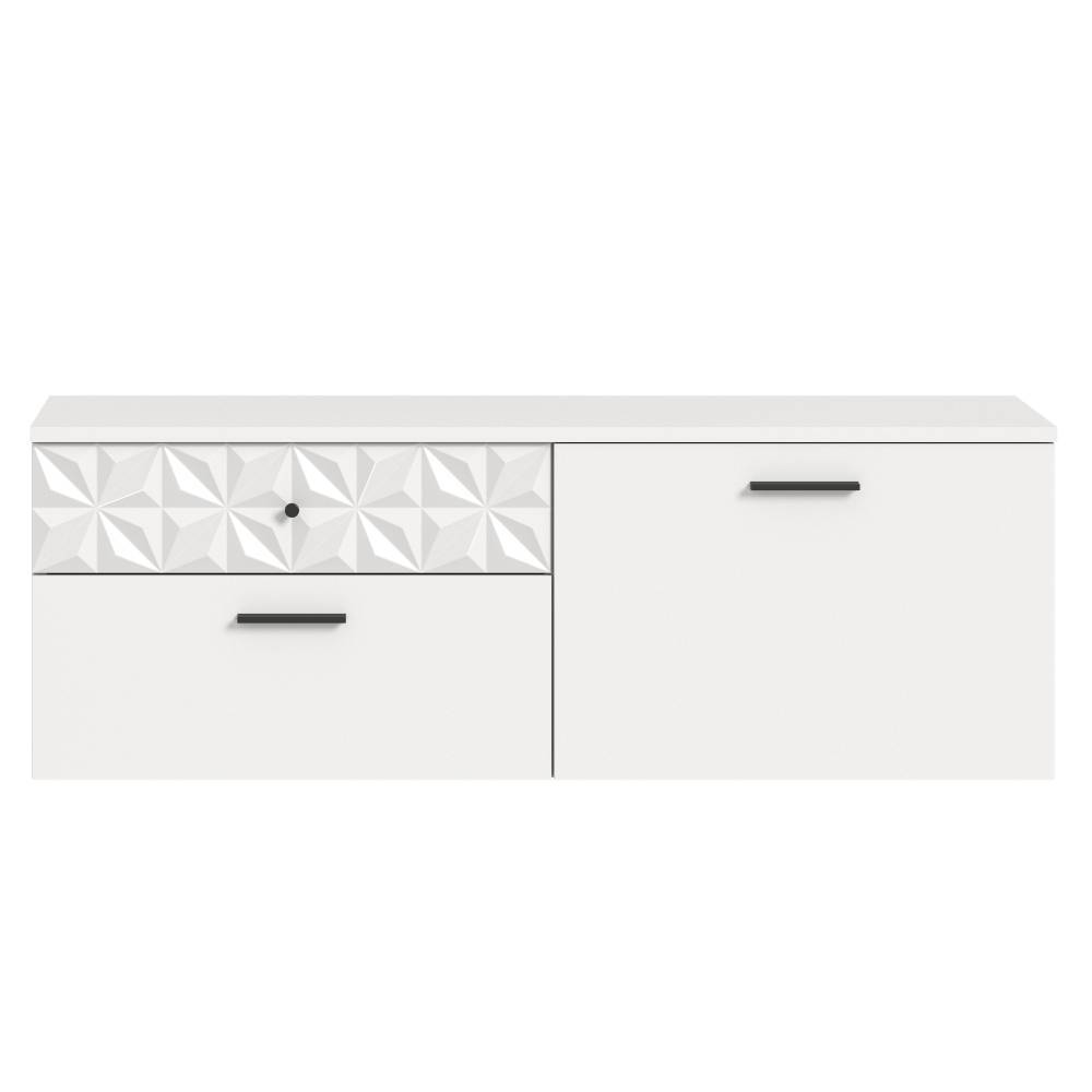 Weißer Hänge-Flurschrank mit geometrischer Front, zwei Schubladen und einer Tür – Ustabo