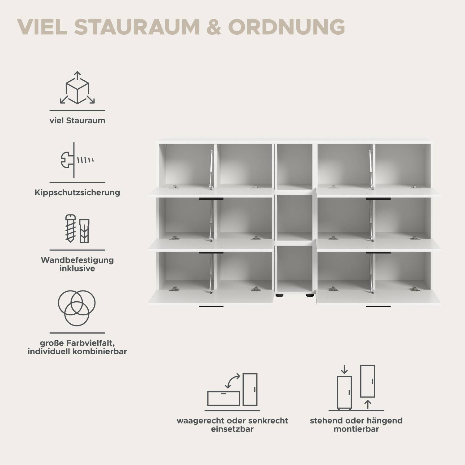 Modulare TV Wohnwand mit flexibler Montageoption und viel Stauraum, als Sideboard oder Lowboard nutzbar – Actionsa