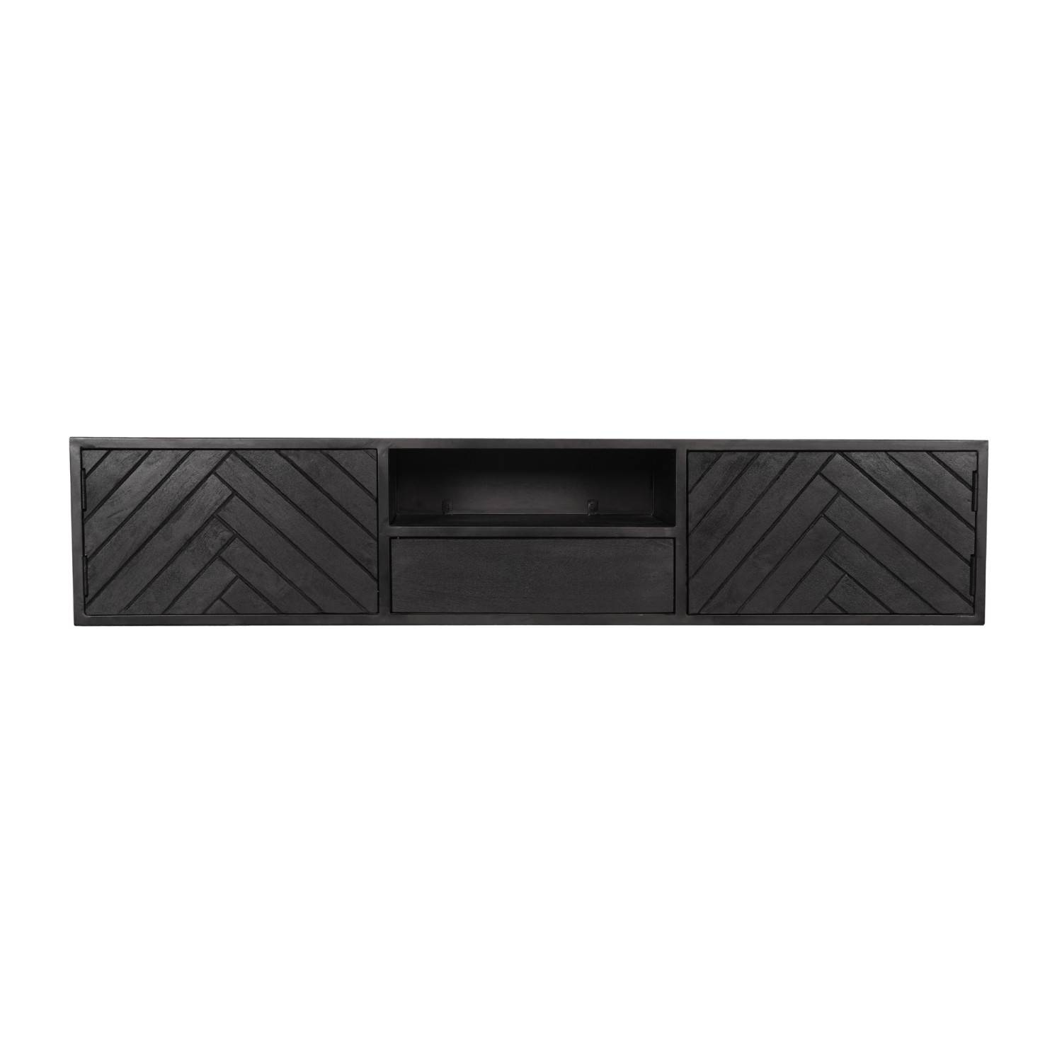 Schwarzes TV Board aus Mangoholz mit Fischgrätmuster, offenem Fach und Schublade – Lida