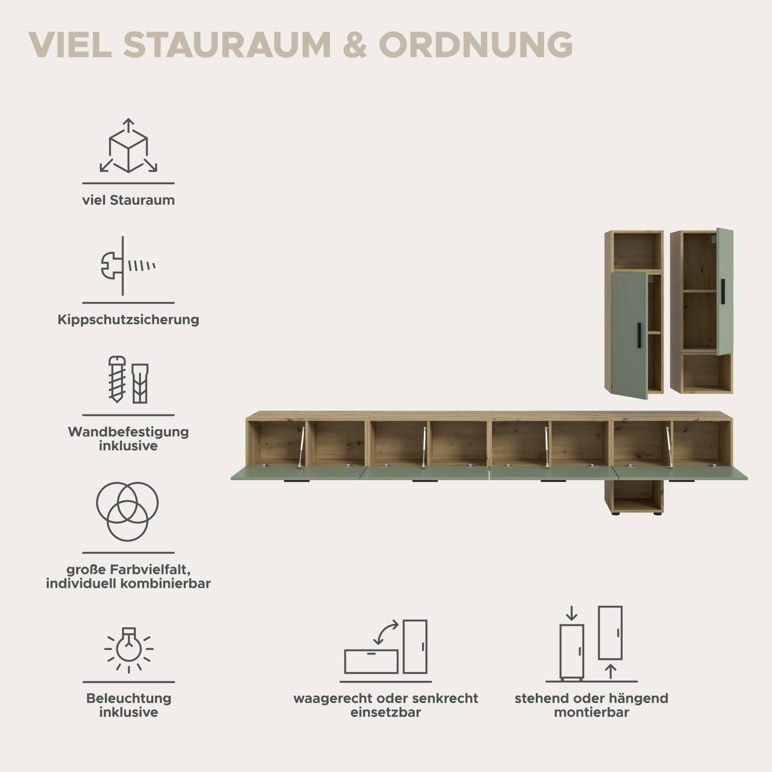 Anbauwand mit viel Stauraum, Kippschutz, Beleuchtung und flexiblen Montagemöglichkeiten – Jonni