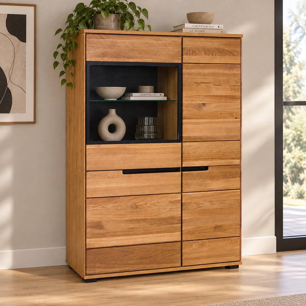 102x148x42 Highboard mit Glas Einsatz - 4-türig - Sennya