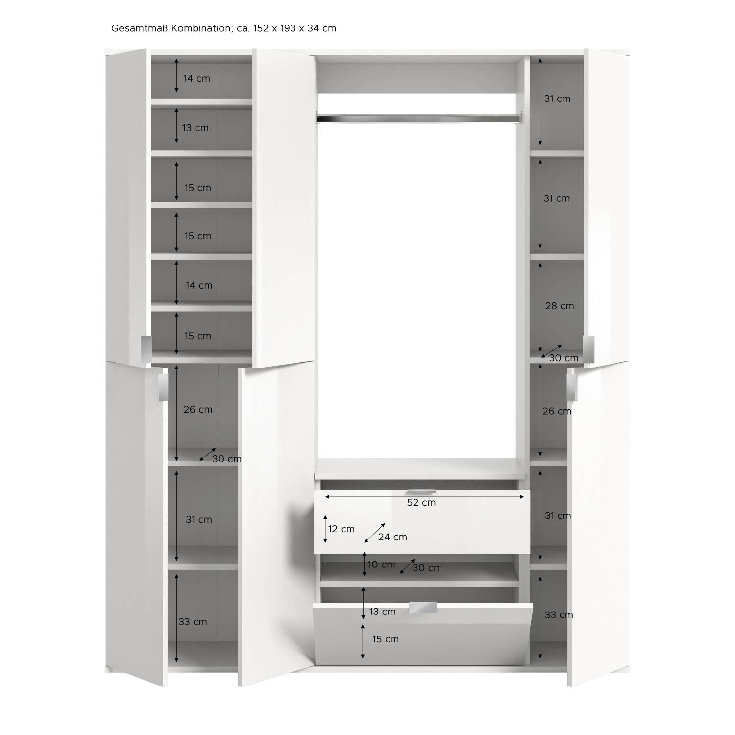 Dielenmöbelset in heller Holzoptik Maße und Abmessungen der einzelnen Elemente – Pretty