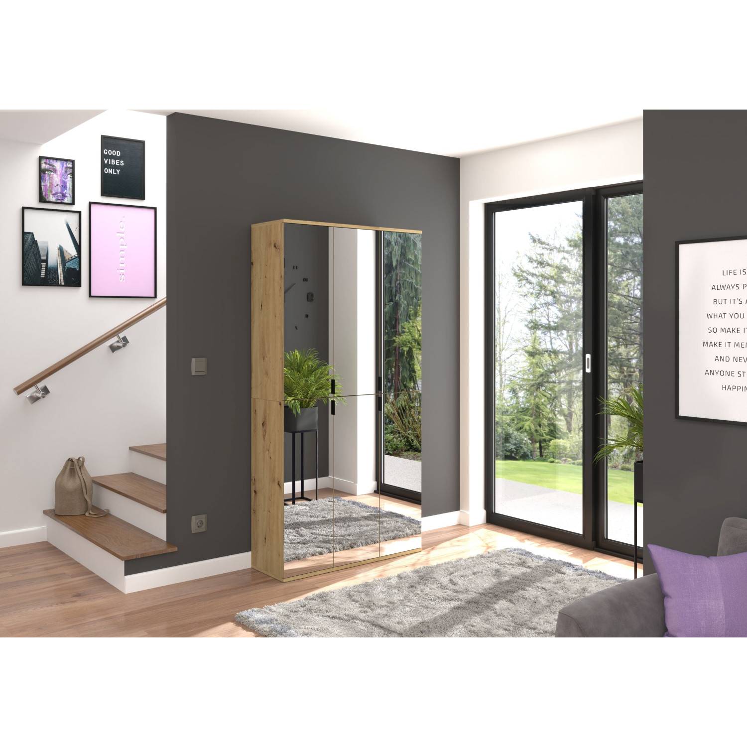 Hochschrank mit gro

en Spiegelt
ren in Holzoptik im Flur 
 Pretty