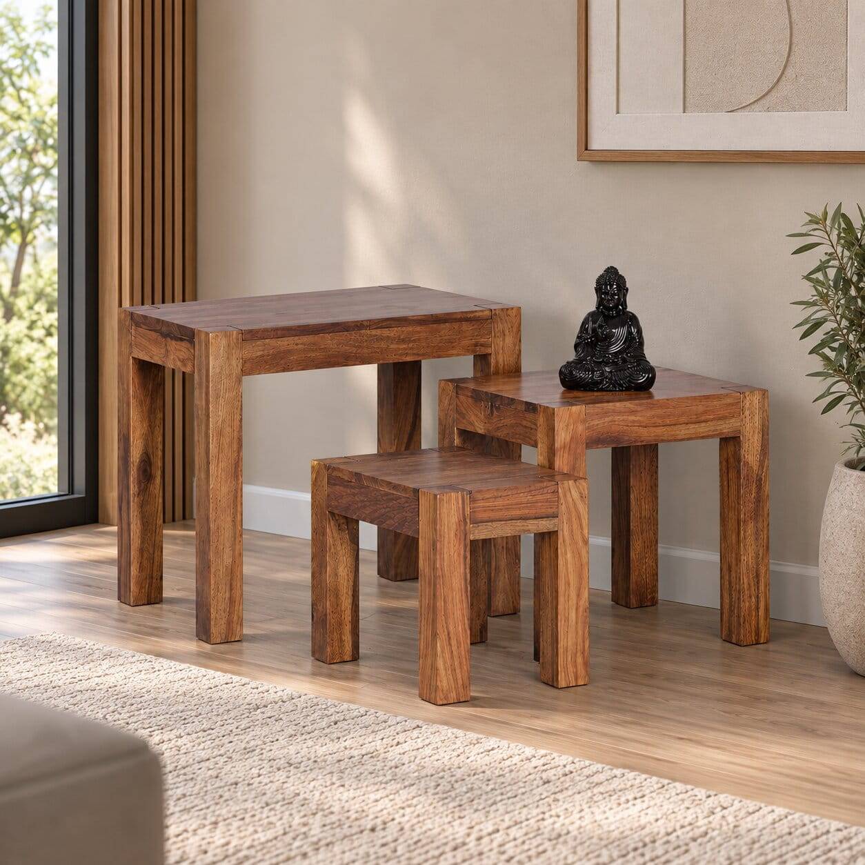 Holz Beistelltisch 3er-Set Hoslo aus Sheesham massiv (dreiteilig)