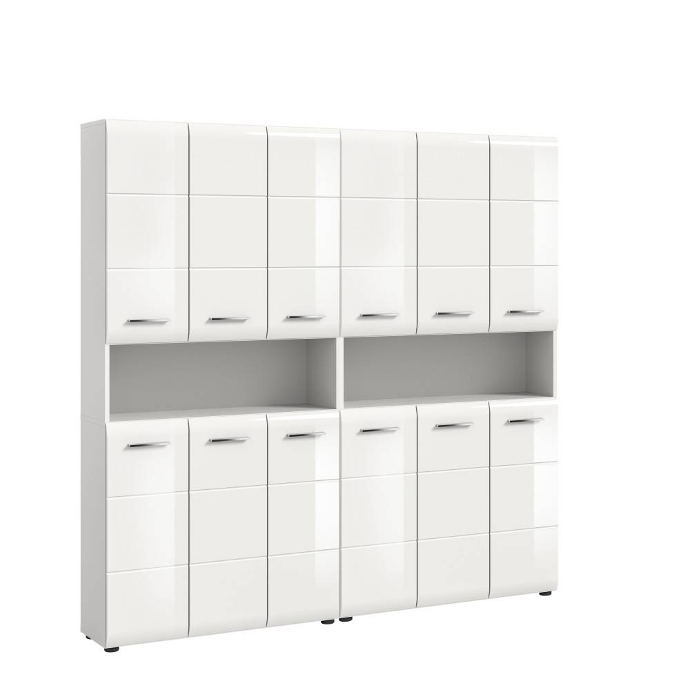 Moderner weißer Hochschrank mit glänzenden Fronten und geraden Linien als Büroschrank – Clona
