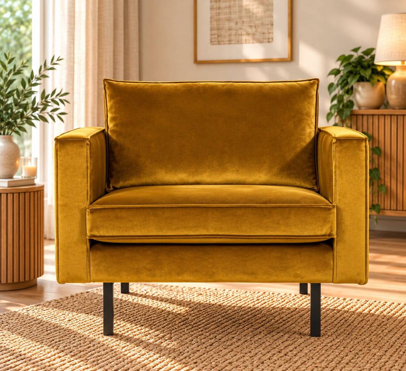 Weicher Sessel im kantigen Retro Design Nustra mit Samt Gelb