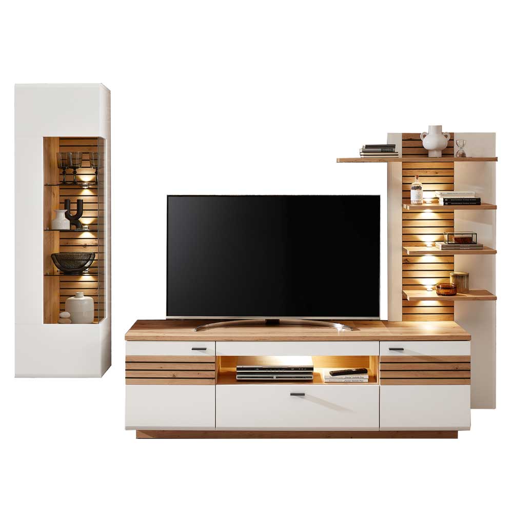 Dreiteilige Wohnzimmer Anbauwand in Weiß und Wildeiche mit Vitrine und TV-Möbel – Niam