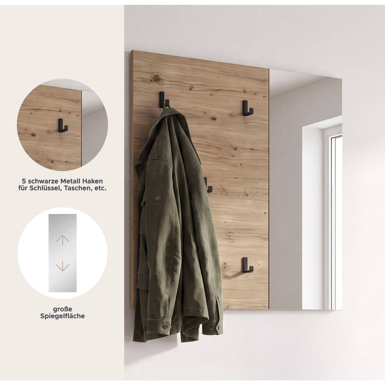 Garderobe mit 5 schwarzen Metallhaken für Schlüssel und Taschen sowie großer Spiegelfläche – Omy