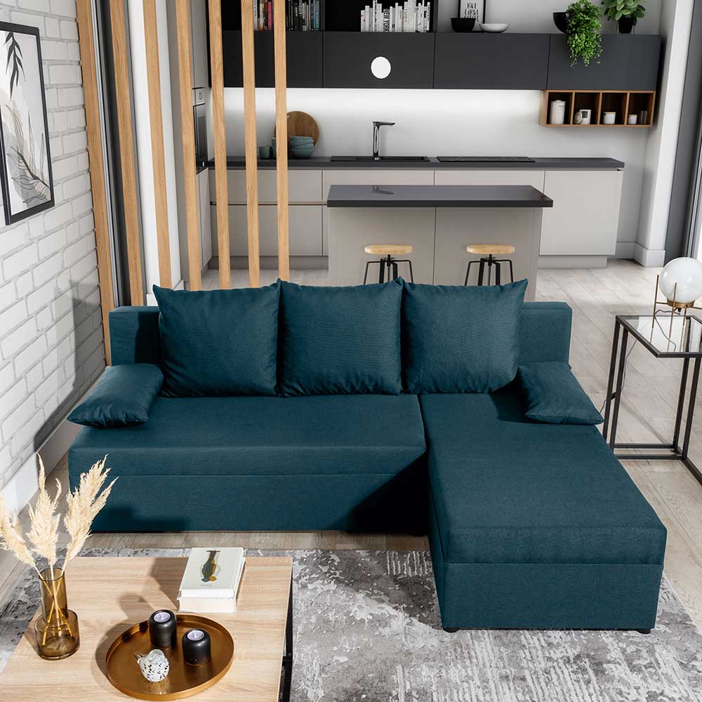 Ecksofa mit Bettfunktion in Dunkelblau Velours - Sempore