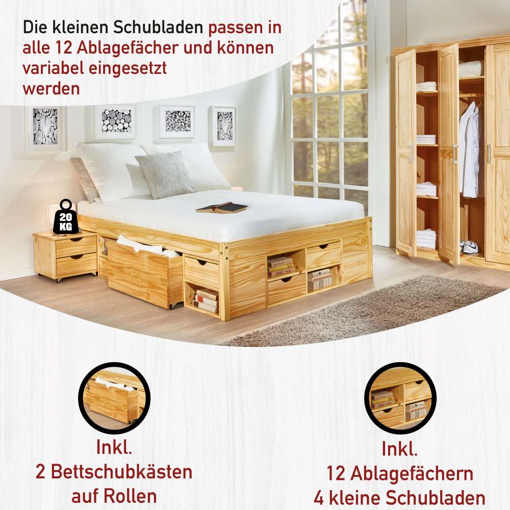 Schubladenbett Oladrios aus Kiefer massiv (dreiteilig)