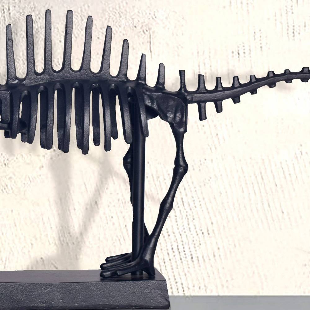 Schwarze Metall Dinosaurierskelett Skulptur mit detailliertem Rumpf und Bein – Marzias