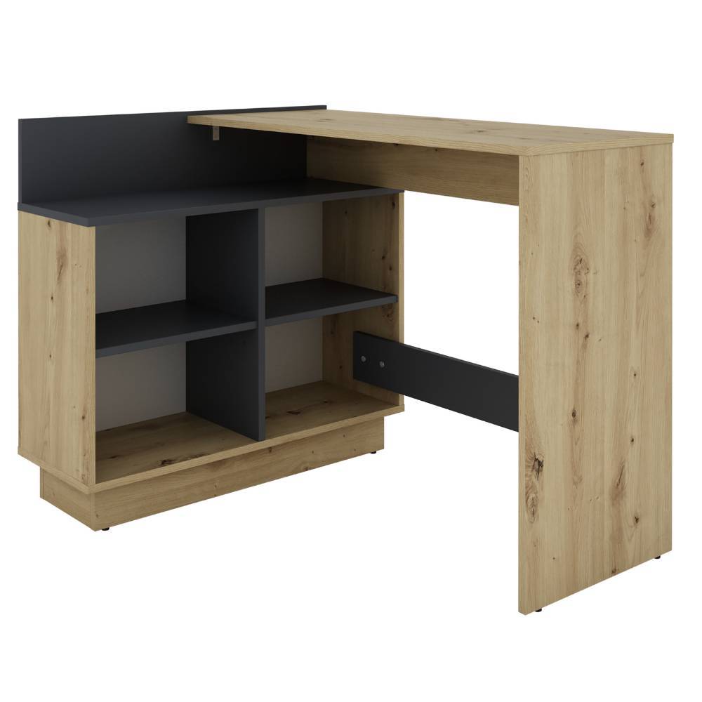 L-förmiger Schreibtisch in Wildeiche Holzoptik mit integriertem Regal in Anthrazit – Aduro