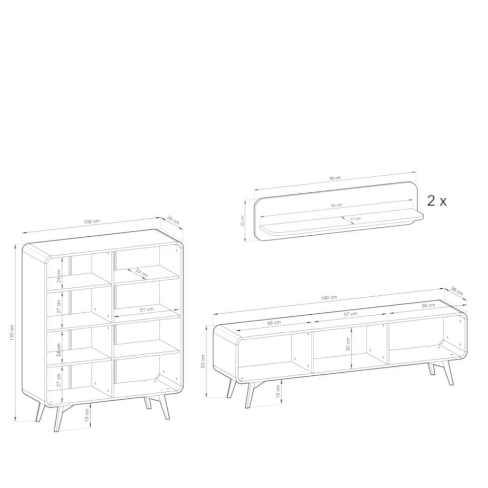 Skandi Wohnzimmer Wohnwand Set Maße und Abmessungen der viertteiligen Möbel mit Schrank, Lowboard und Wandregalen – Embrus