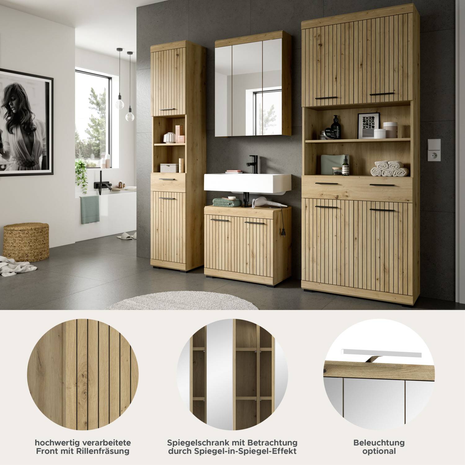 Badezimmerset mit gerillter Front, Spiegelschrank mit Spiegel-in-Spiegel-Effekt und optionaler Beleuchtung – Lasewood