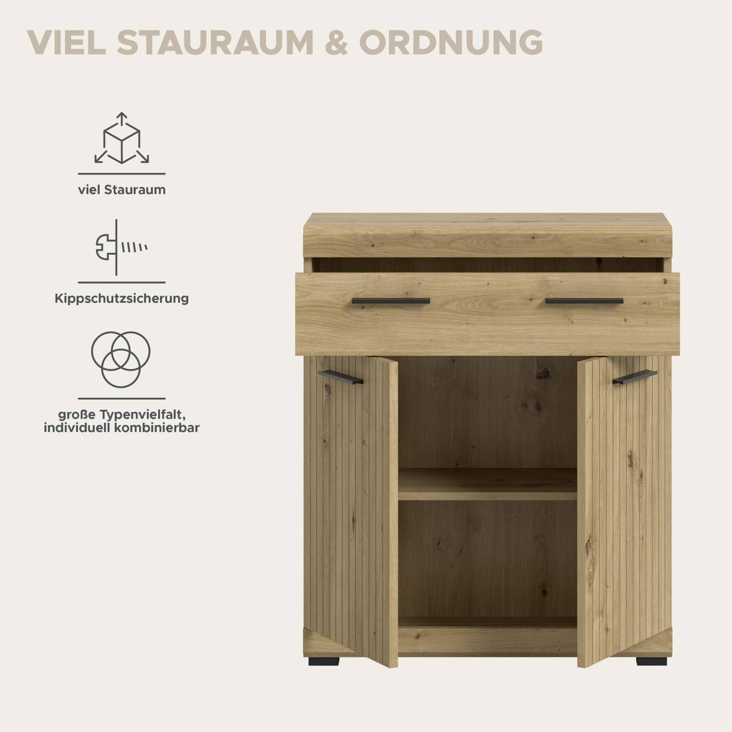Wohnzimmerschrank Lasewood mit viel Stauraum, Kippschutzsicherung und großer Typenvielfalt – Lasewood