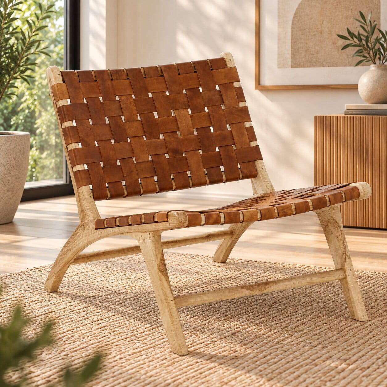 Lounge Geflecht Sessel aus Leder in Braun und Massivholz Teak Natur