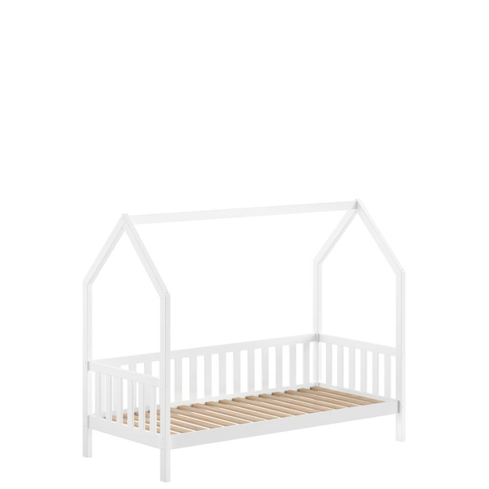 Weißes Hausbett in Gesamtansicht aus massivem Holz als Bodenbett für das Kinderzimmer – Efatega