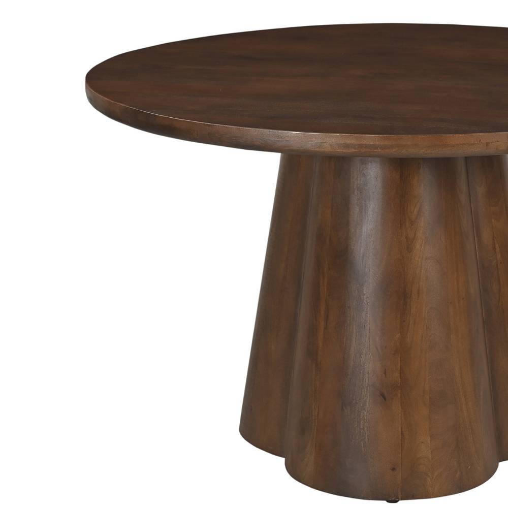 Runder Esszimmertisch aus dunklem Massivholz mit geriffeltem Säulenfuß im Detail – Tanky