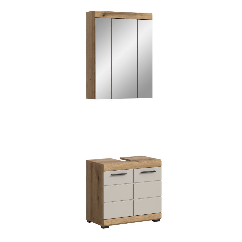 Geschlossener Spiegelschrank und Waschbeckenschrank mit Schubladen in Holz- und Beigeton – Casserra