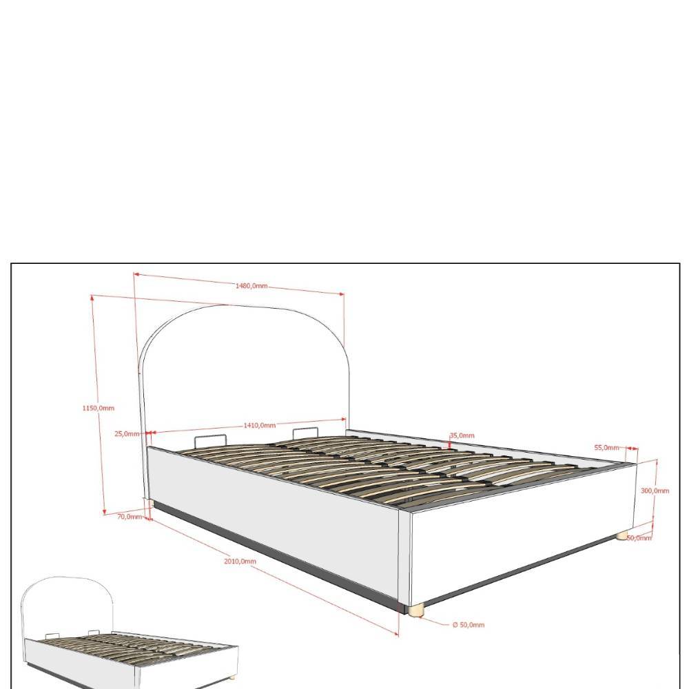 Boucle Polsterbett in Weiß 140x200 mit allen Maßen und technischen Abmessungen für die Planung – Skylab