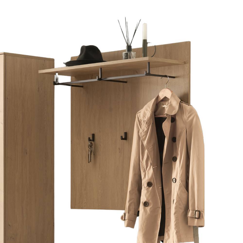 Garderobenpaneel mit Ablageregal, Kleiderstange und Haken in Holzoptik für den Eingangsbereich – Jaskin