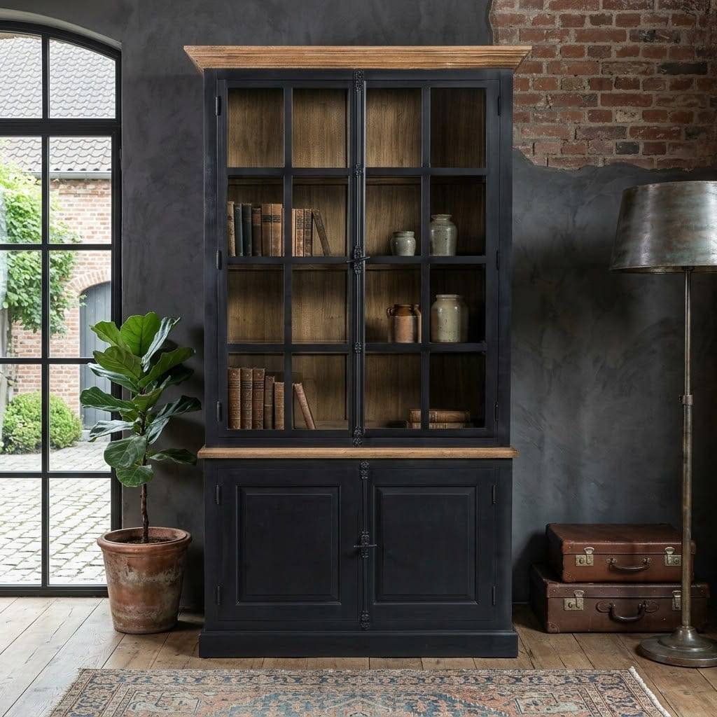 130x230x47 cm Vintage Vitrine Schrank in Schwarz - Niovan