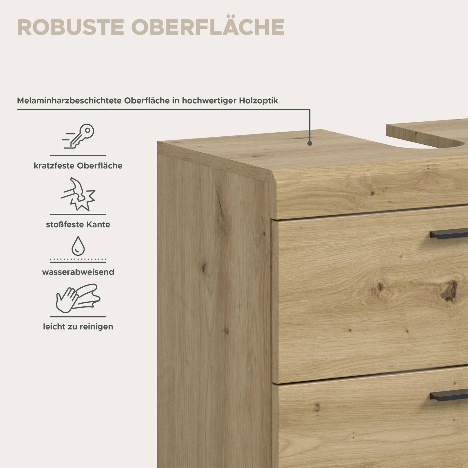 Detailansicht der robusten, kratzfesten und wasserabweisenden Oberfläche in hochwertiger Holzoptik – Lasewood