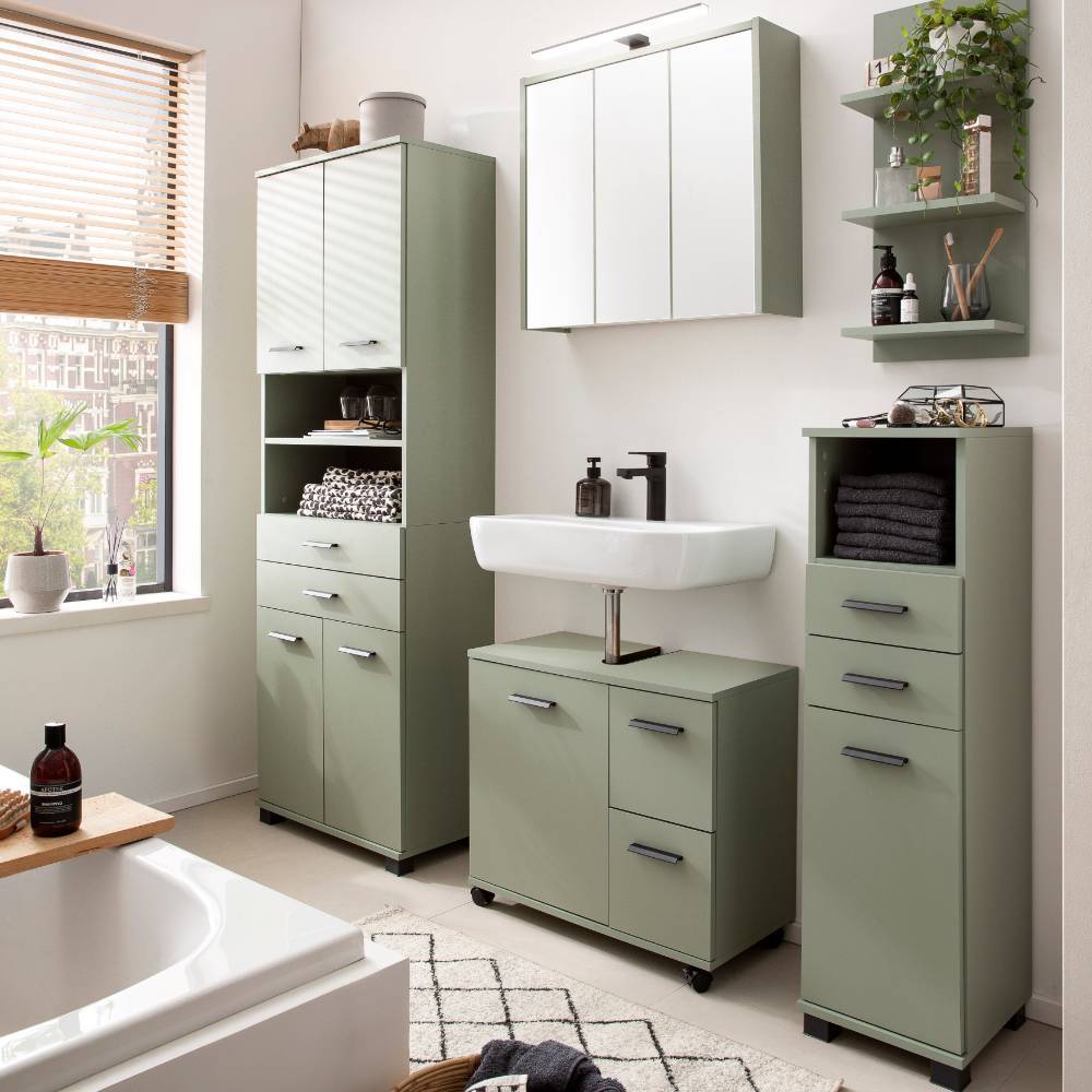 Hoher Badezimmerschrank in Graugrün mit Schubladen und Tür, ideal für Badmöbel-Kombinationen – Casimir