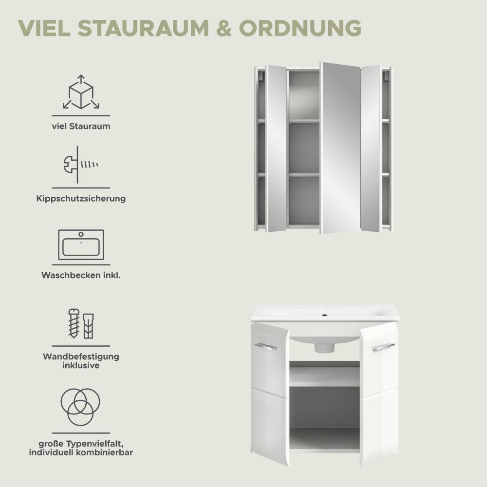 Weißes Waschplatz Set mit offenem Spiegelschrank und Unterschrank, zeigt Stauraum, Kippschutz und Befestigung – Clona
