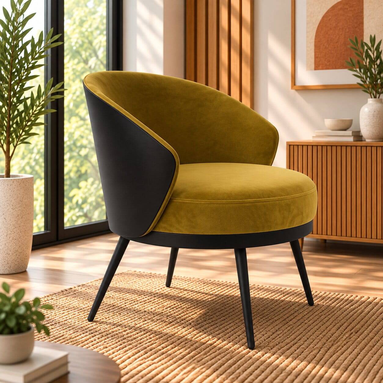 Frei stellbarer Velours Sessel in Gold Gelb mit Schwarz - Metallbeine