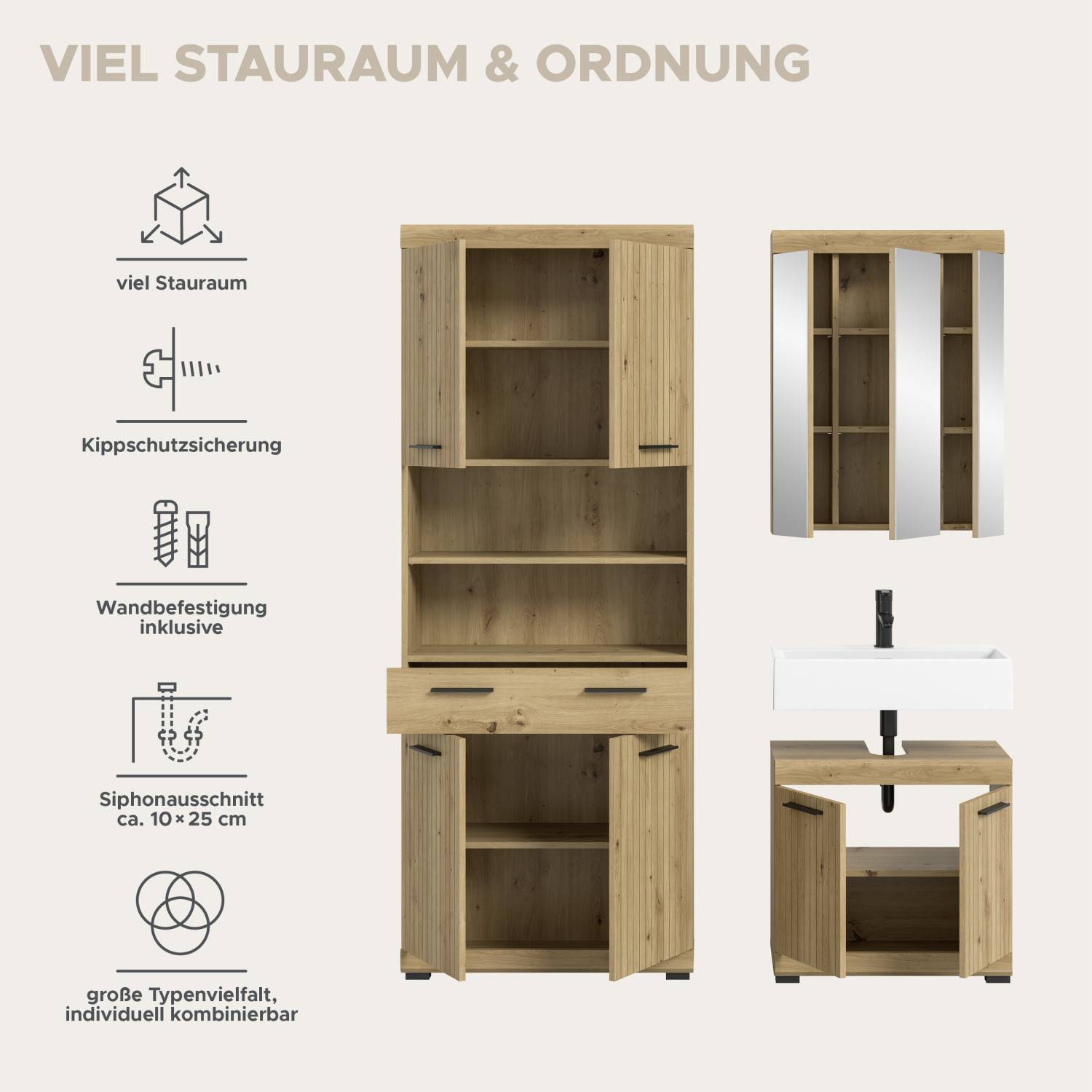 Dreiteiliges Badmöbelset Lasewood mit viel Stauraum, Kippschutz und Siphonausschnitt – Lasewood