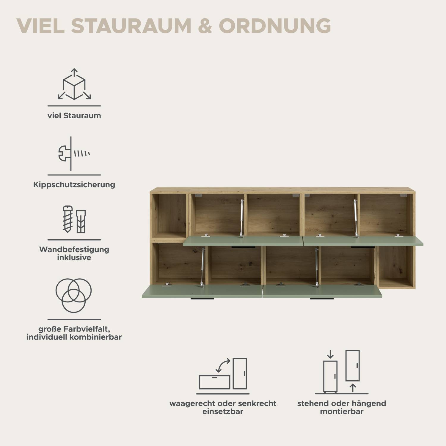 Offene Medienwand in Salbeigrün und Holzoptik mit viel Stauraum und flexiblen Montageoptionen – Jonni
