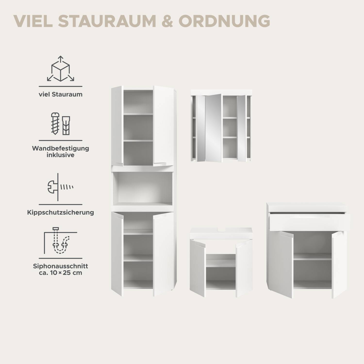 Weißes Badezimmerset mit viel Stauraum, Wandbefestigung, Kippschutz und Siphonausschnitt für Ordnung – Bruna