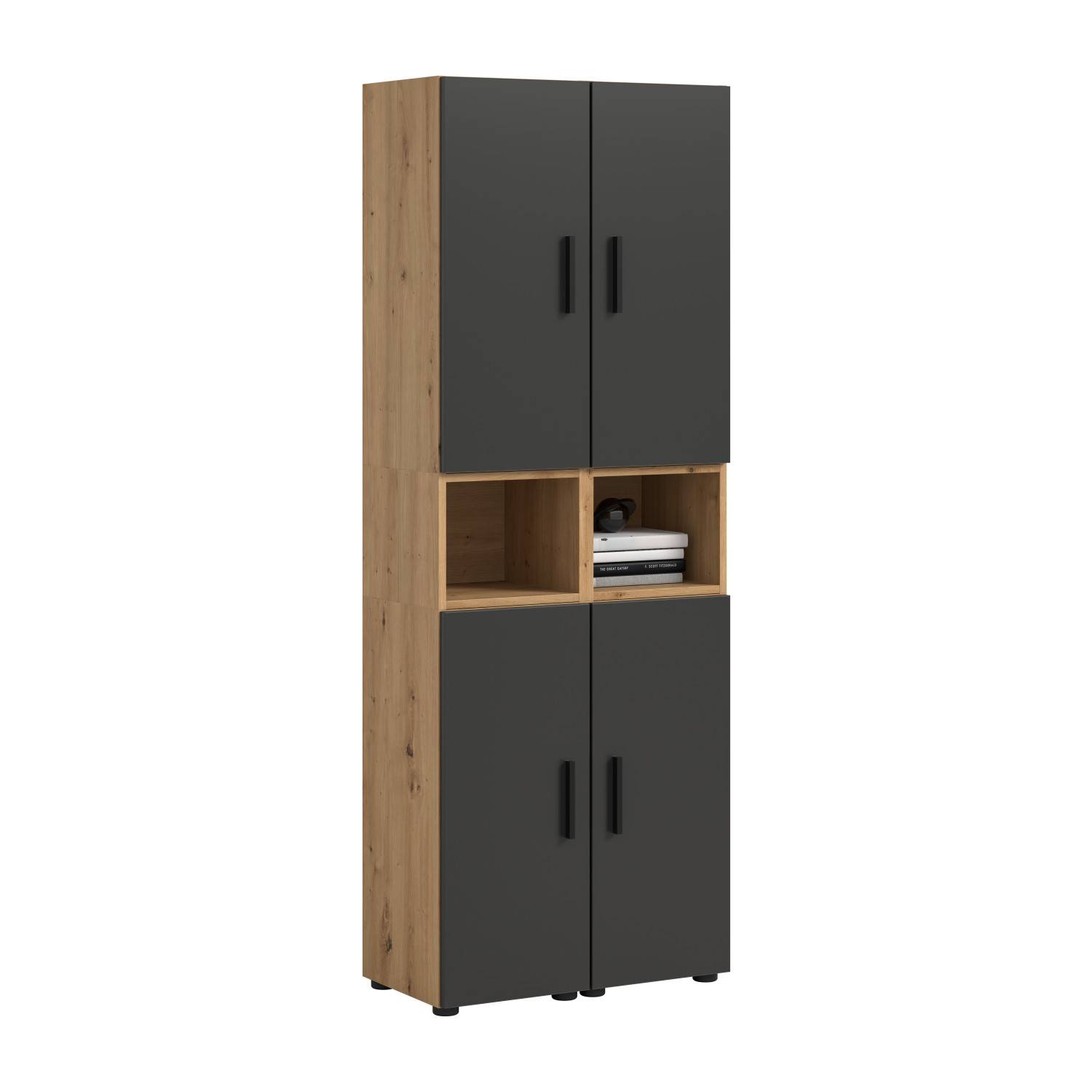 Hoher Stauraumschrank in moderner Bicolor-Optik aus Anthrazit und Holzdekor mit vier Türen – Estoron