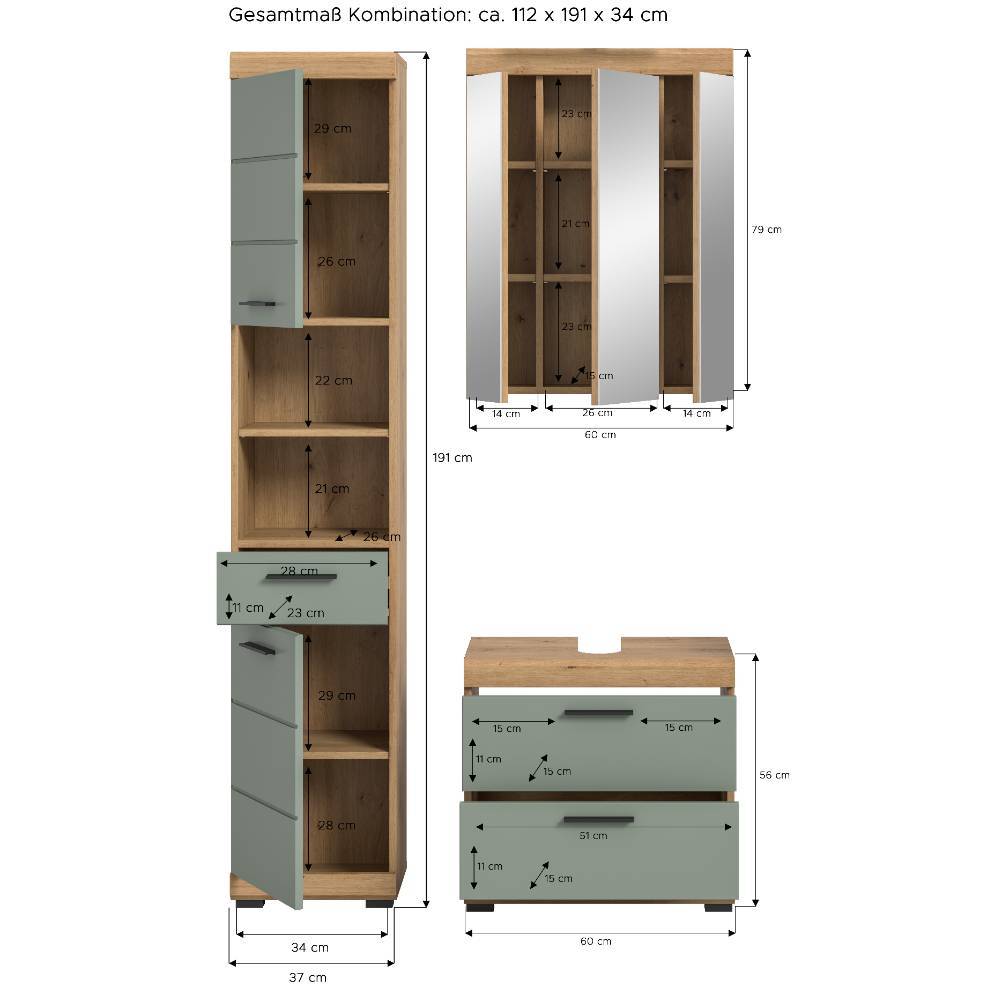 Bad-Waschplatz und Hochschrank Kombi - Tamdato (dreiteilig)