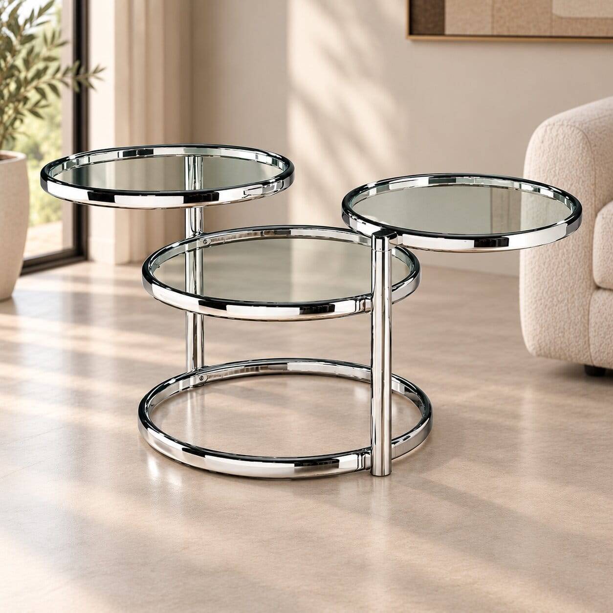 Runder Beistelltisch aus Chrom und Glas mit mehreren Ebenen für das Wohnzimmer – Rounder