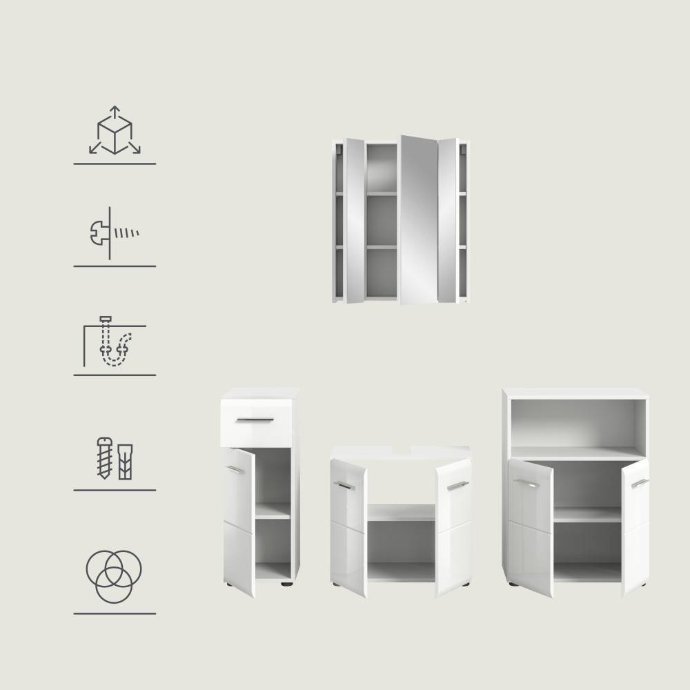 Weißes dreiteiliges Badmöbel Set geschlossen mit Icons für Stauraum, Kippschutz und flexible Kombinationsmöglichkeiten – Clona