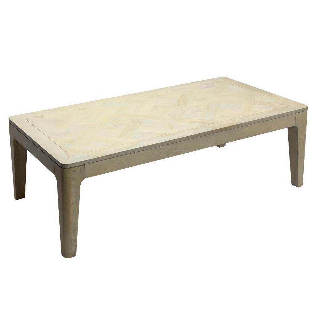 Rechteckiger Couchtisch aus massivem Mangoholz mit White Wash Oberfläche für das Wohnzimmer – Gorana
