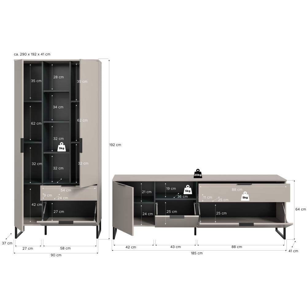 Anbauwand Maße und Abmessungen für Highboard und TV-Möbel mit Innenfächern – Ostinia