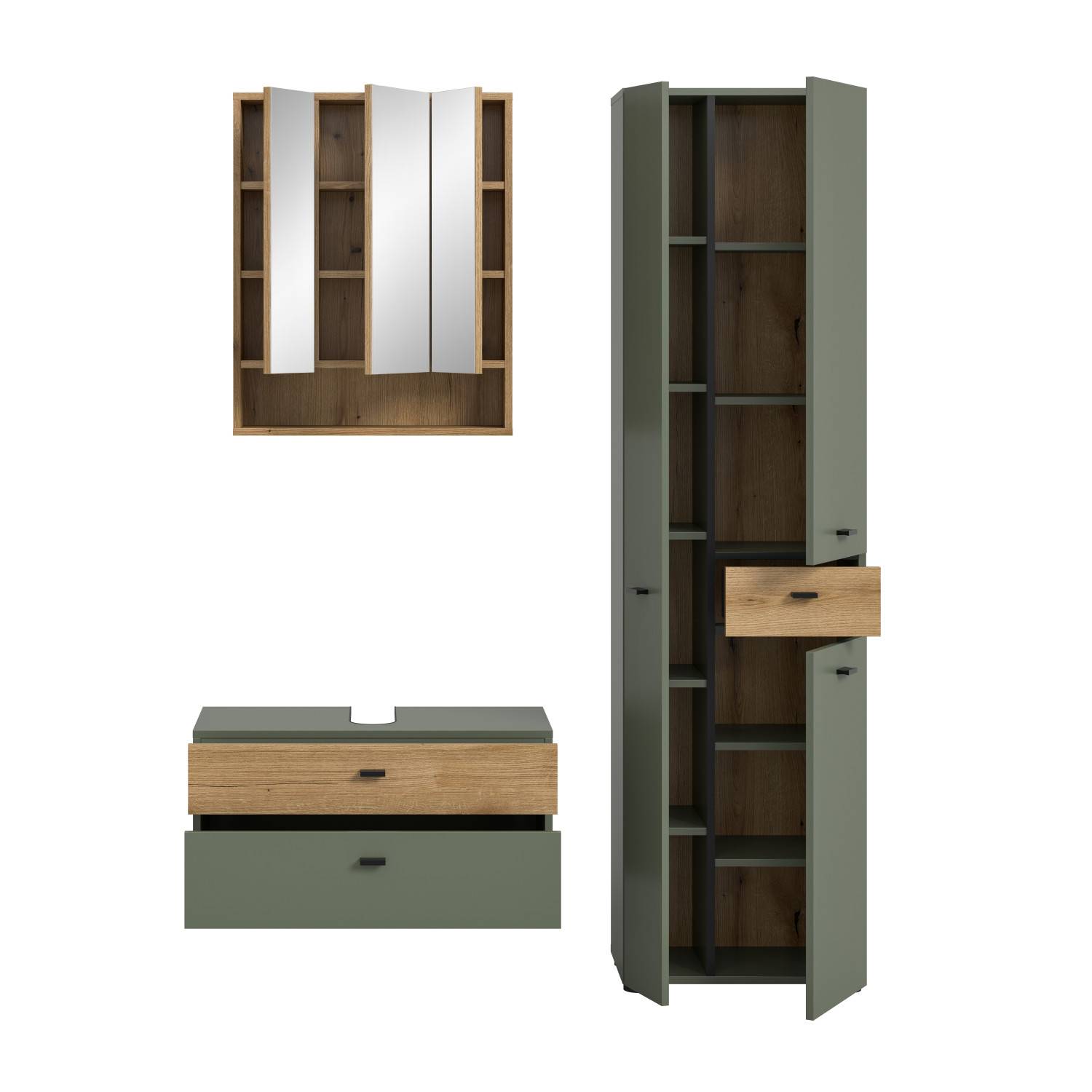 Dreiteiliges Badezimmermöbel Set in grün matt mit Spiegelschrank, Waschtischunterschrank und Hochschrank – Jubby