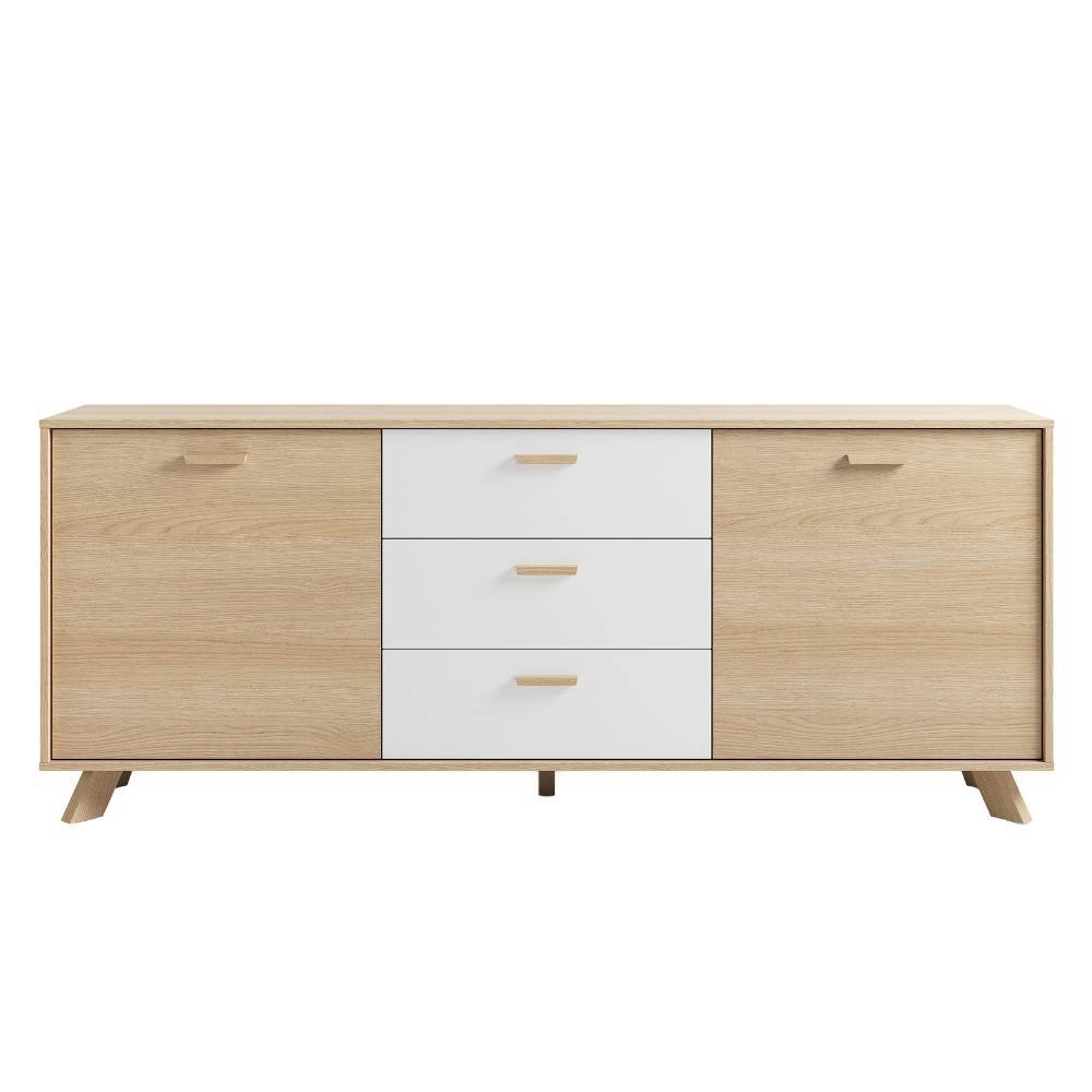 Modernes Kombi-Sideboard in Eiche hell und Weiß mit drei Schubladen und zwei Türen – Demphis