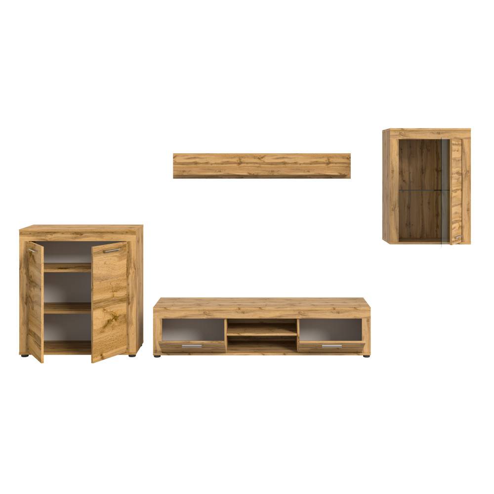 Vierteilige Anbauwand mit Highboard, TV-Lowboard, Wandregal und Hängeschrank in Holzoptik – Ianovar