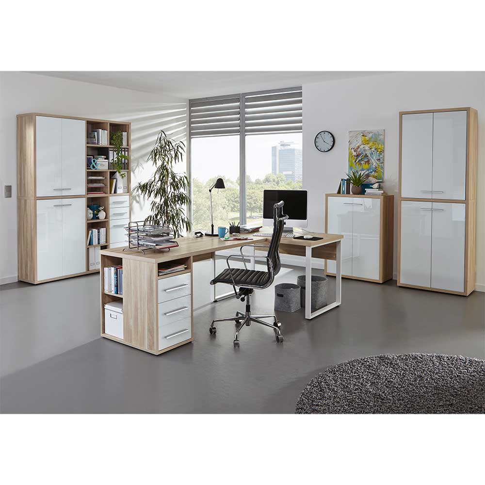 Großes Büromöbel Set in Weiß & Eiche - Xedno (vierteilig)
