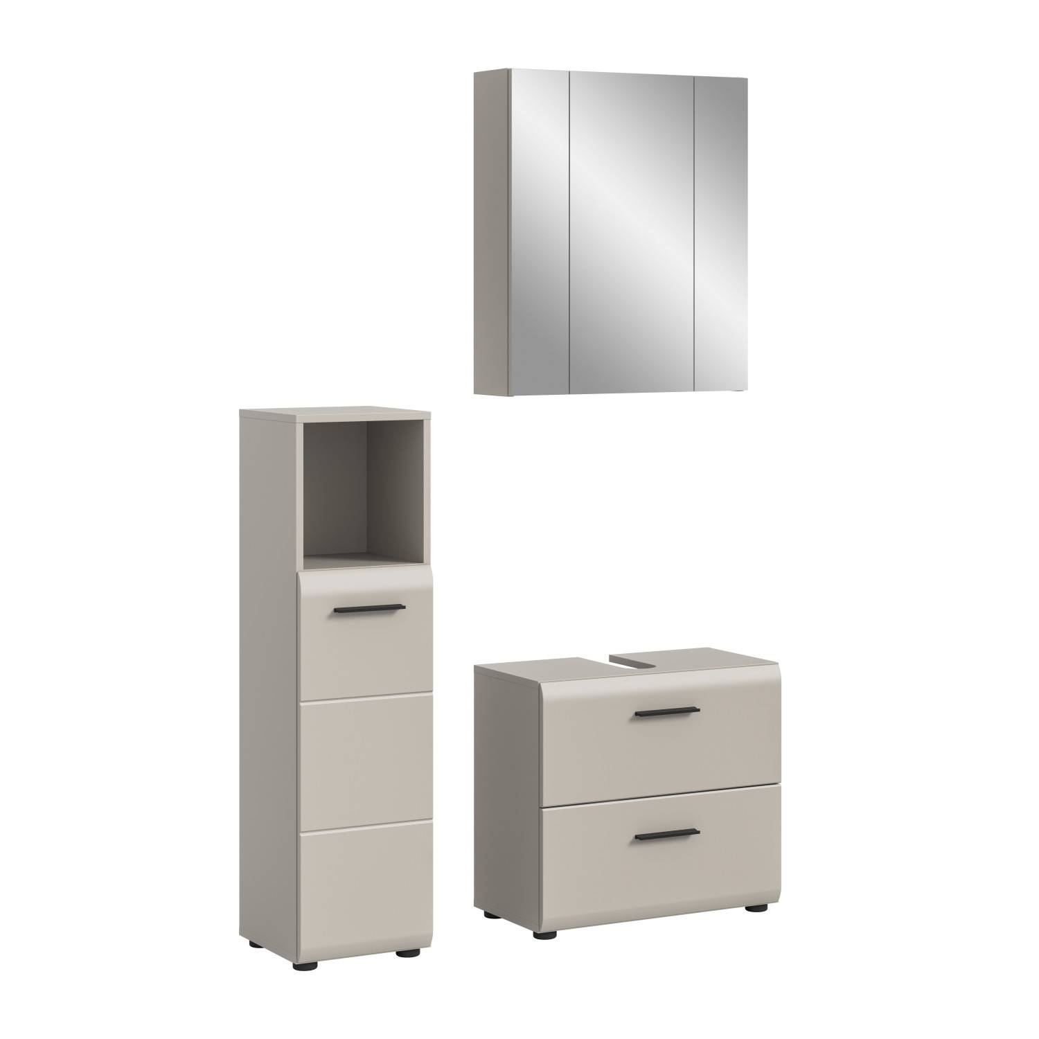 Modernes dreiteiliges Badmöbel-Set in hellem Beige mit schwarzem Griff – Donostia