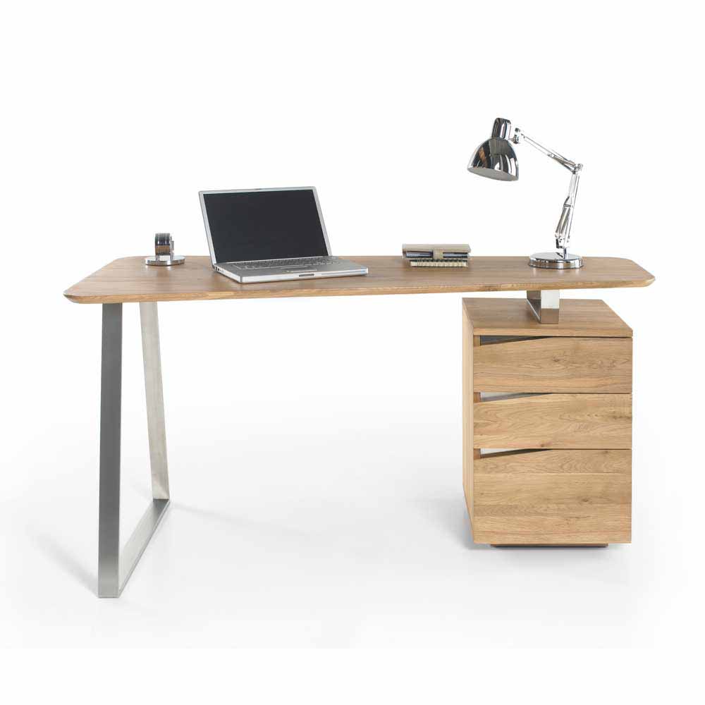 Design Schreibtisch in Asteiche teilmassiv Nileon mit 3 Schubladen